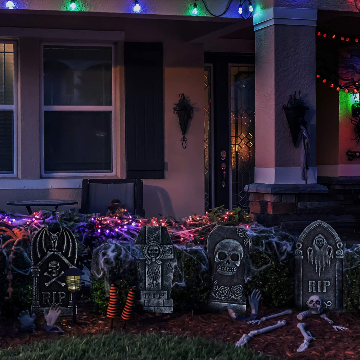 3 Lapidi In Schiuma Luminose Per Halloween Con Catene LED Blu E Verdi, Decorazione Cimitero Da Giardino