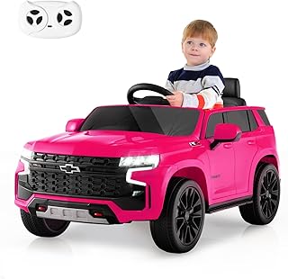 GOPLUS Voiture Electrique Enfants 12V, SUV Chevrolet Tahoe pour Enfants de 3-8Ans avec Télécommande 2,4 G, Suspension à Ressort, Lumières, Musique, Démarrage Lent, Charge 25KG (Rose)