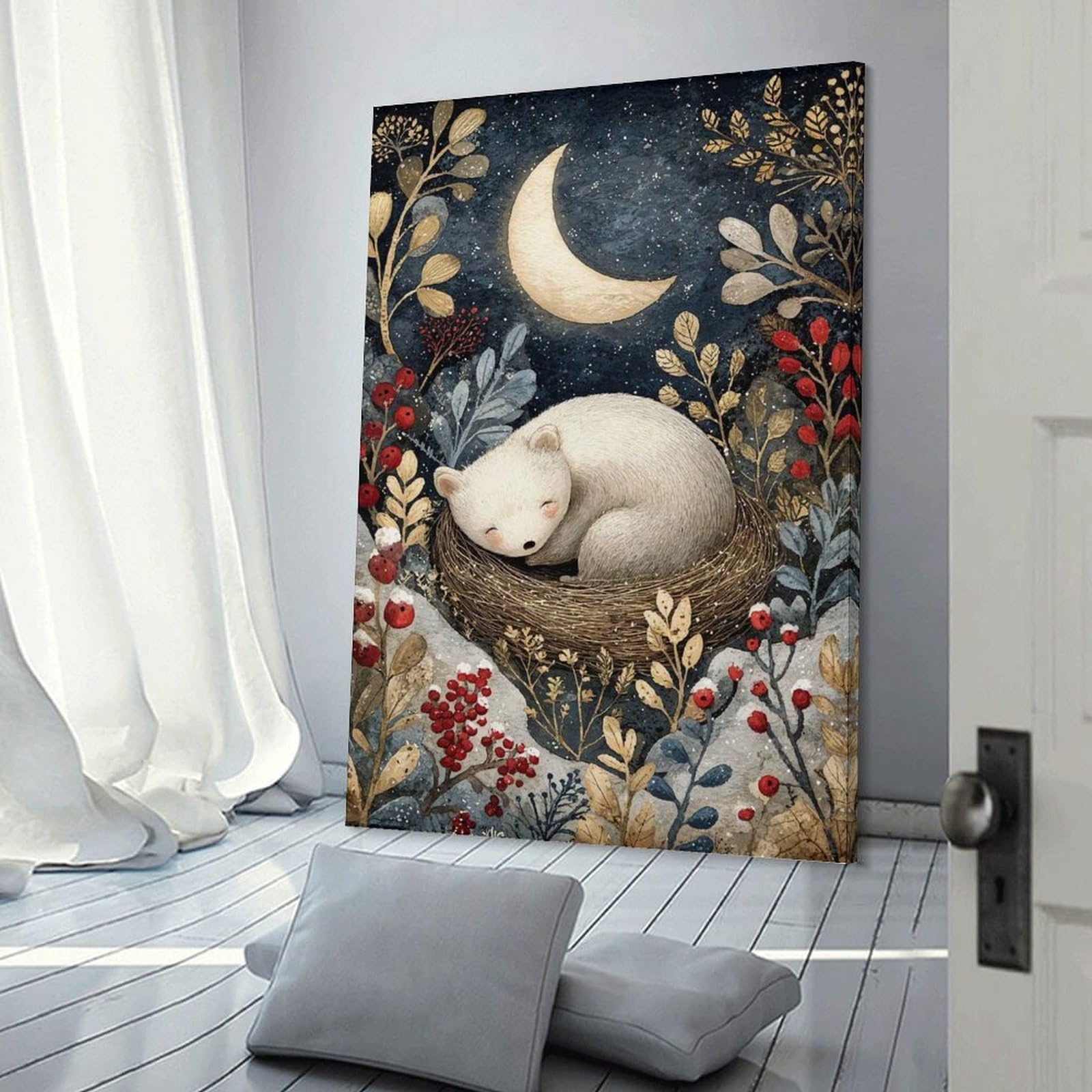Junmoney Frame-Style-6 Sleeping Bear Cub Under Crescent Moon Decorative Wall Artwork 20X30inch(50X75cm), For Corridors, Hallways Or Apartment Entries, Home Artwork For First Impressions