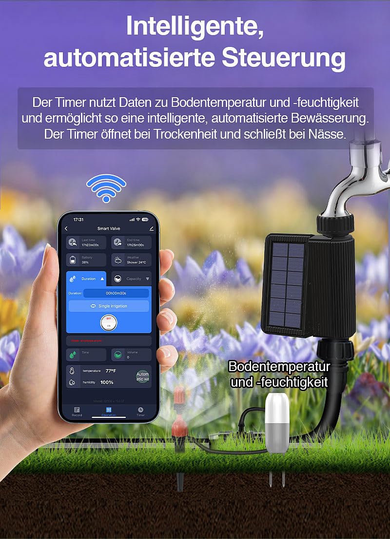 Royal Gardineer Solar Bewässerungssystem: WLAN-Bewässerungscomputer, Solar, Wassermengenzähler, App, IP65 (Bewässerung Computer Bluetooth, Bewässerungscomputer Solarpanel, Zähler)