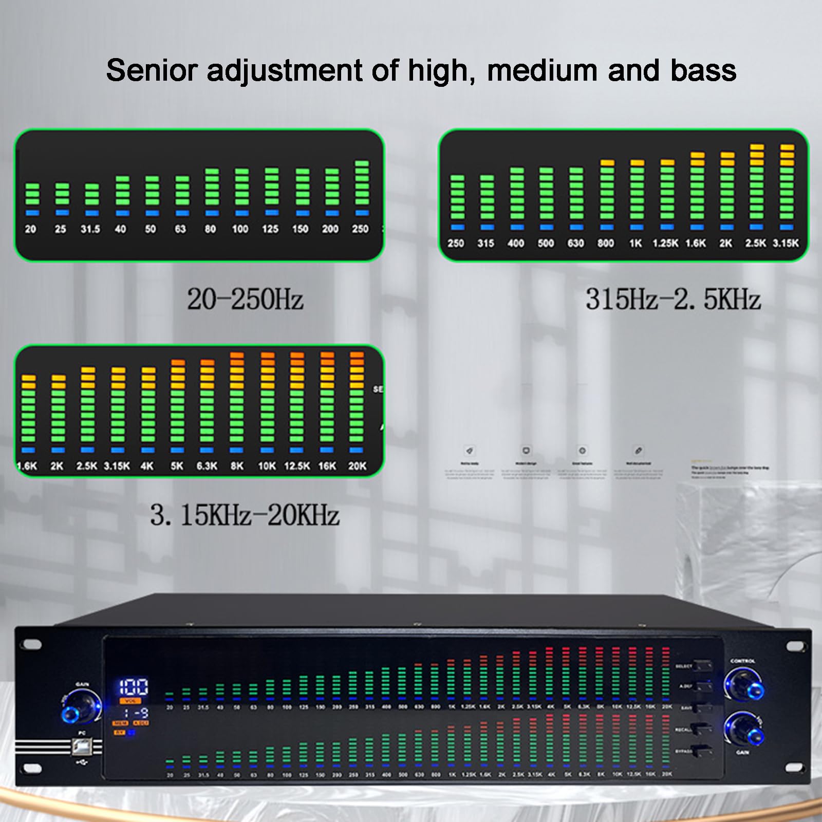 Ecualizador gráfico Digital de 31 Bandas, procesador de Audio Profesional, con 10 Efectos preestablecidos, ajustes, Estudio de grabación