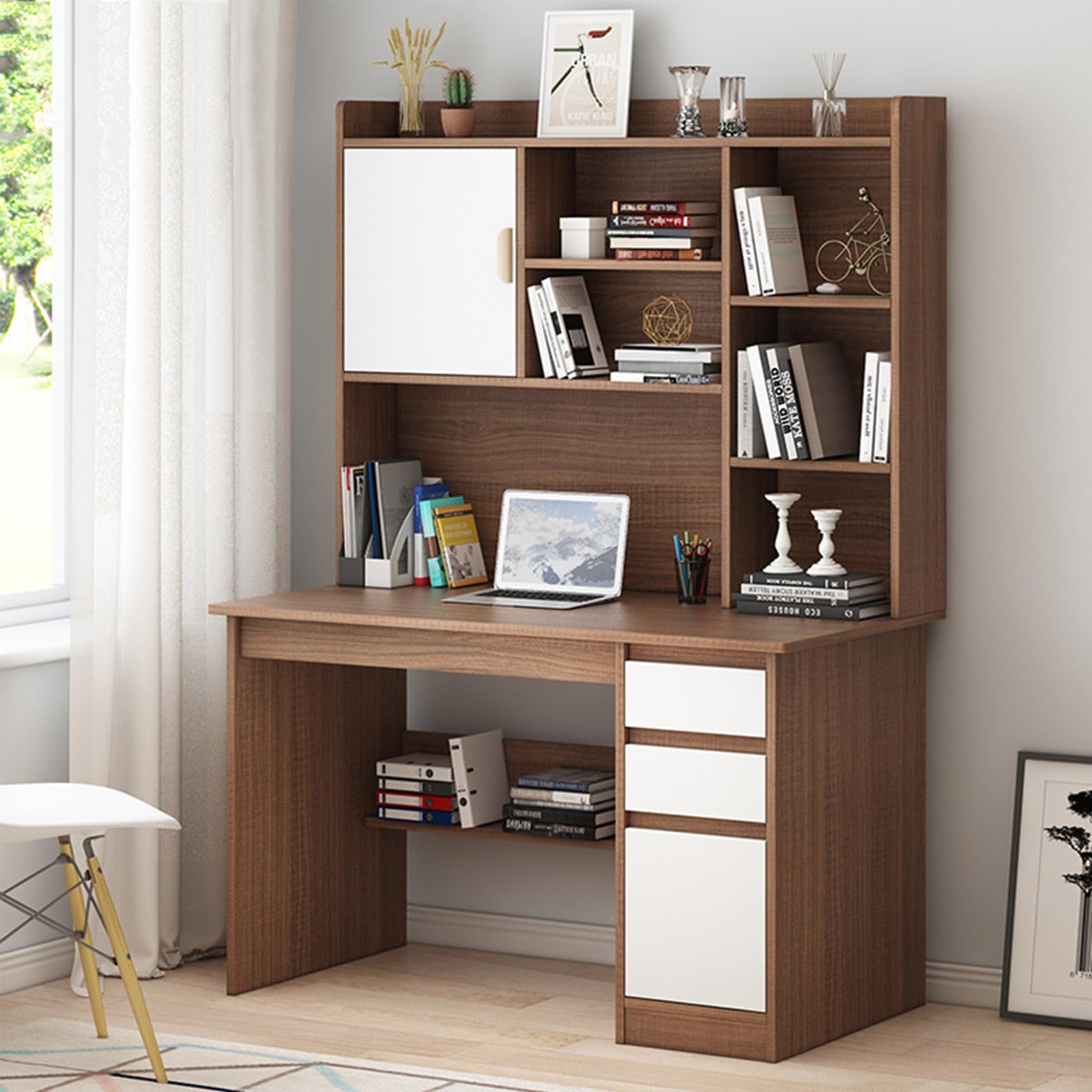 MESCXTY Wooden Computer Desk with Bookshelf and Hutch, Large Home Office Writing Drawer Storage Shelf, Modern Laptop PC Desk,Space-Saving Workstation for Living Room Bedroom
