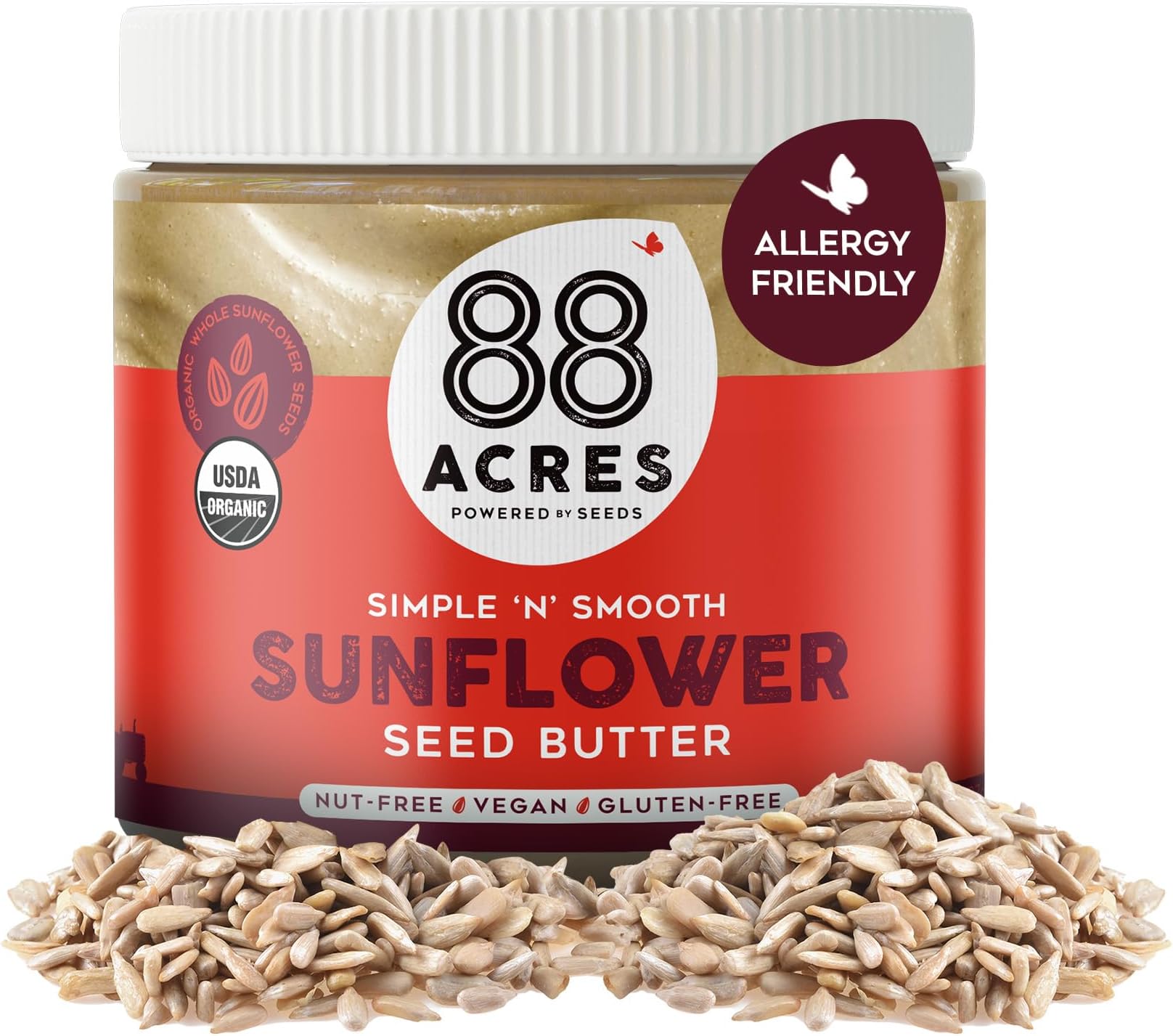 88 Acres Organic Sunflower Seed Butter, 14 oz Jar, 2 Pack, Butter Spread with 5g Plant-Based Protein, Gluten Free, Nut Free, Vegan, Non-GMO