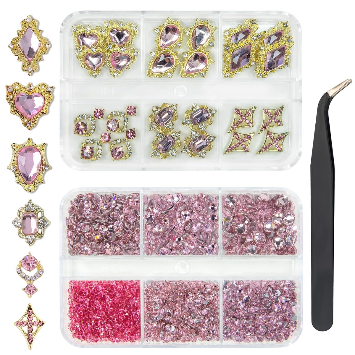 qiipii 24pcs Pink Luxury Nail Charms +2000pcs Rhinestones 3D Big Nail Gems K9 Glass Nail Crystals Diamonds Jewelry Stones Alloy Nail Art Studs Decor