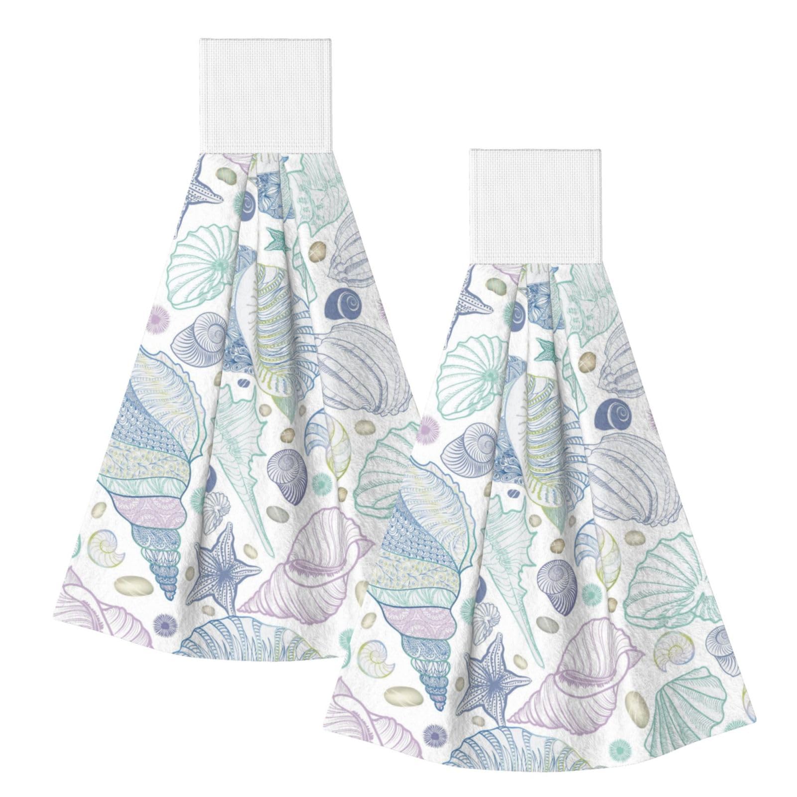 DOPKLNA Hand Drawn Sea Shells, 2 Pcs Hanging Coral Fiber Hand Towels for Bathroom, Absorbent Kitchen Towels