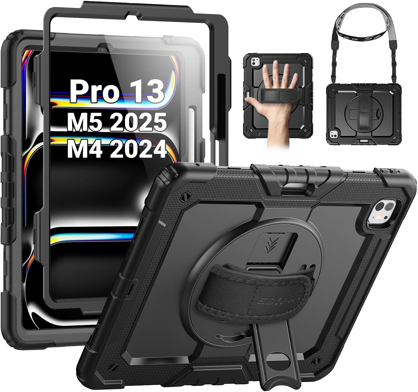 SEYMAC Case for iPad Pro 13 Inch M5 2025 / M4 2024, Heavy Duty Shockproof Protective Case with Screen Protector, 360° Rotating Stand, Hand/Shoulder Strap and Pen Holder, Black Black / Black For iPad Pro 13