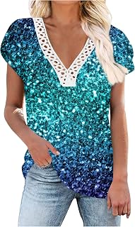 Casual Top for Women Summer Tunic Gym Tops Going Out Tops for Women UK Elegant Loose Fit Soft Short Sleeve Lace Neck Floral Printed Tops Shirts Vintage Blouse Sale Plus Size Tops Crochet Tops