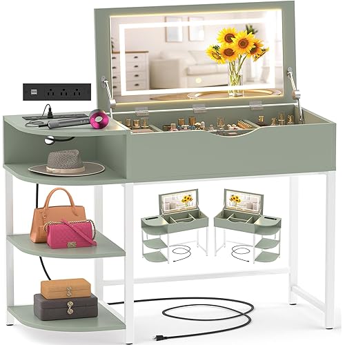 Cyclysio Vanity Desk with Flip Top Mirror and Lights, Makeup Vanity Desk with Drawers, Dressing Table with Storage Shelves & Charging Station, Small Vanity for Small Spaces, Green