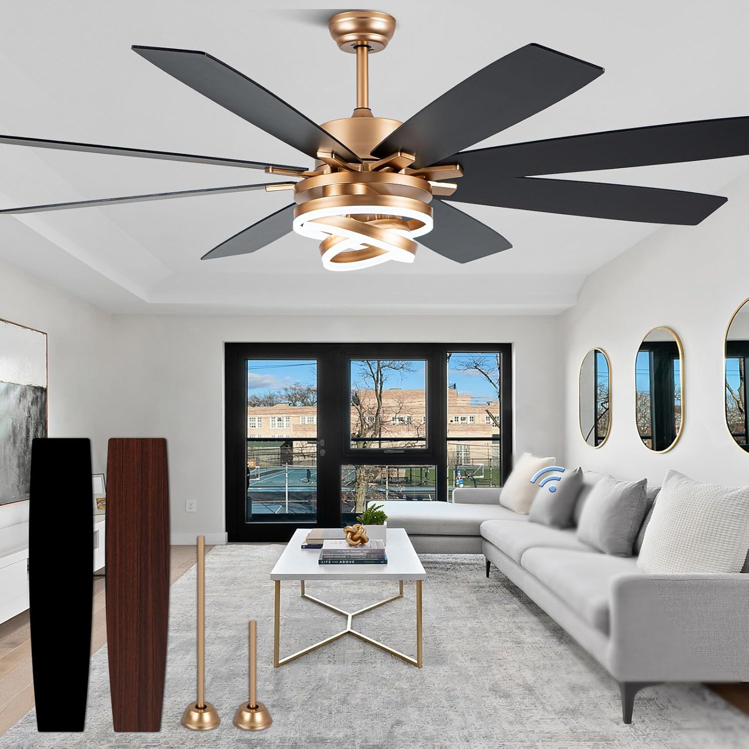 Gold Ceiling Fans with Lights, 72 Inch Large Modern Ceiling Fan with Remote Control for Living Room Kitchen, 3 CCT, 6 Speed Reversible DC Motor, Dual Finish 72 inch GOLD-72''