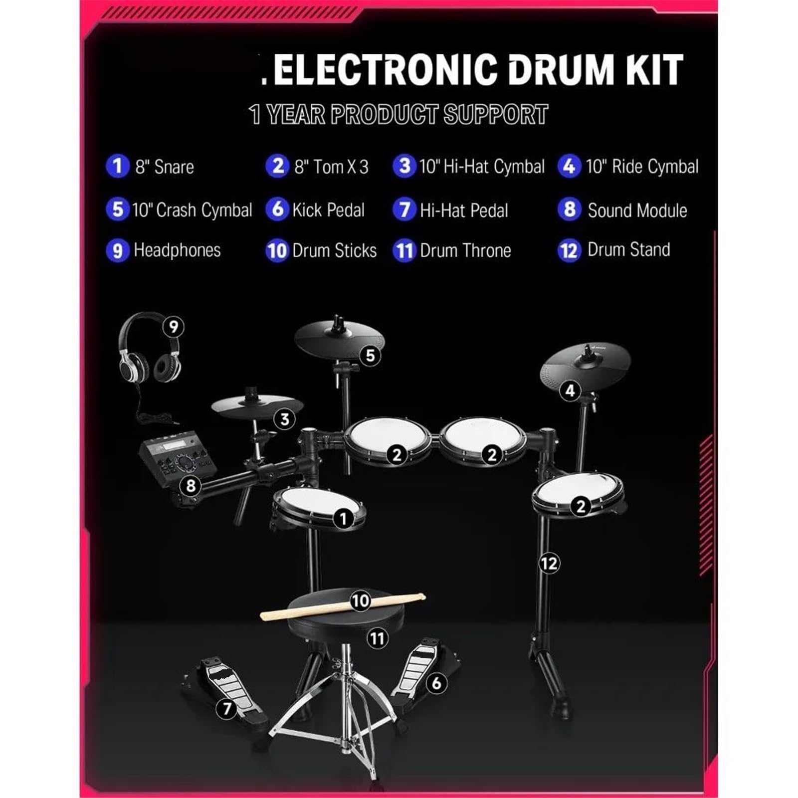 Kit Batteria Elettronica Batteria elettrica Kit batteria elettronica per principianti con oltre 450 suoni USB MIDI Mesh Pad silenziosi Cuffie trono