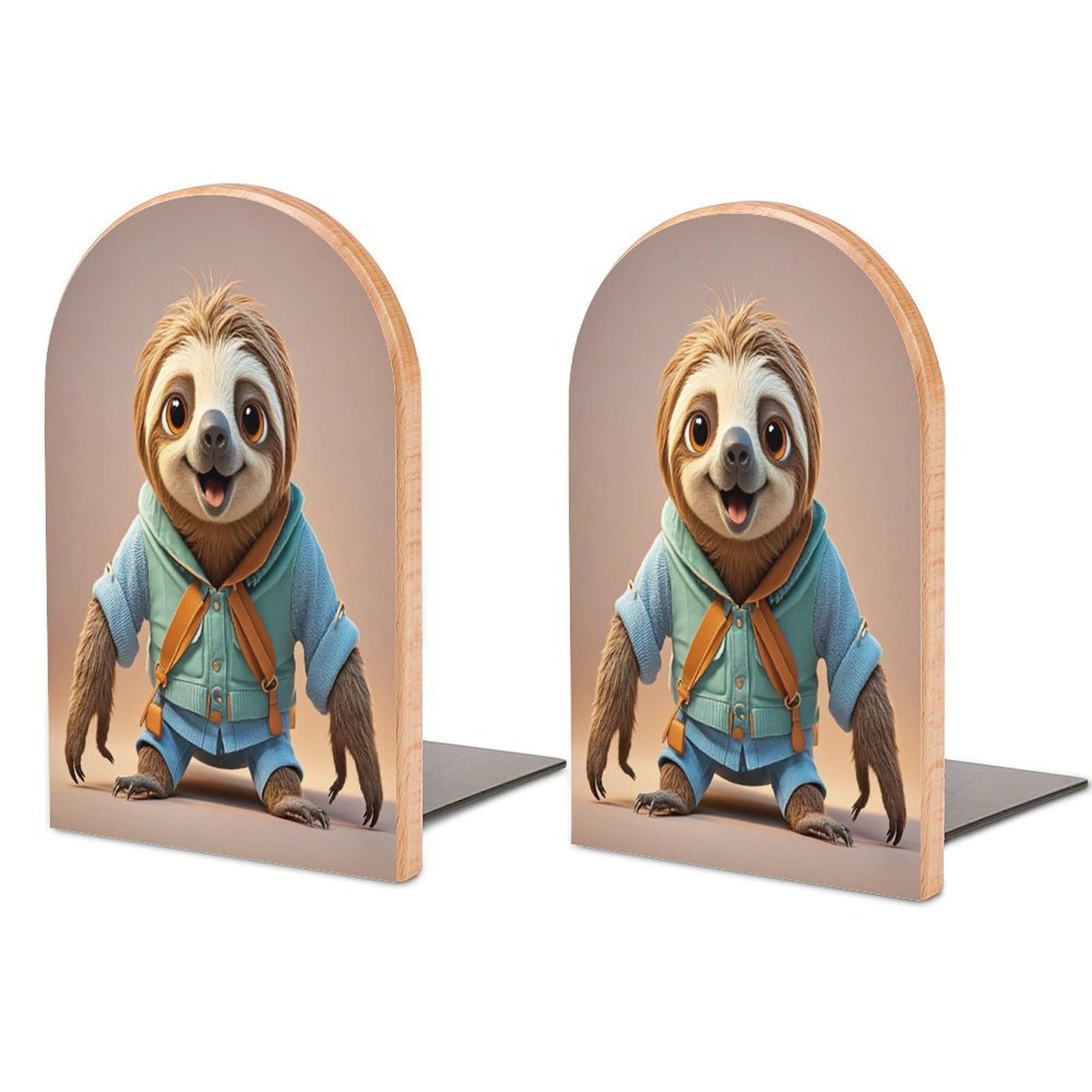 Cartoon Funny Sloth Bookend for Shelves Wooden Book End Sturdy Book Holders Stoppers with Metal Base for Bookshelves Slick Decorative Bookends Stands