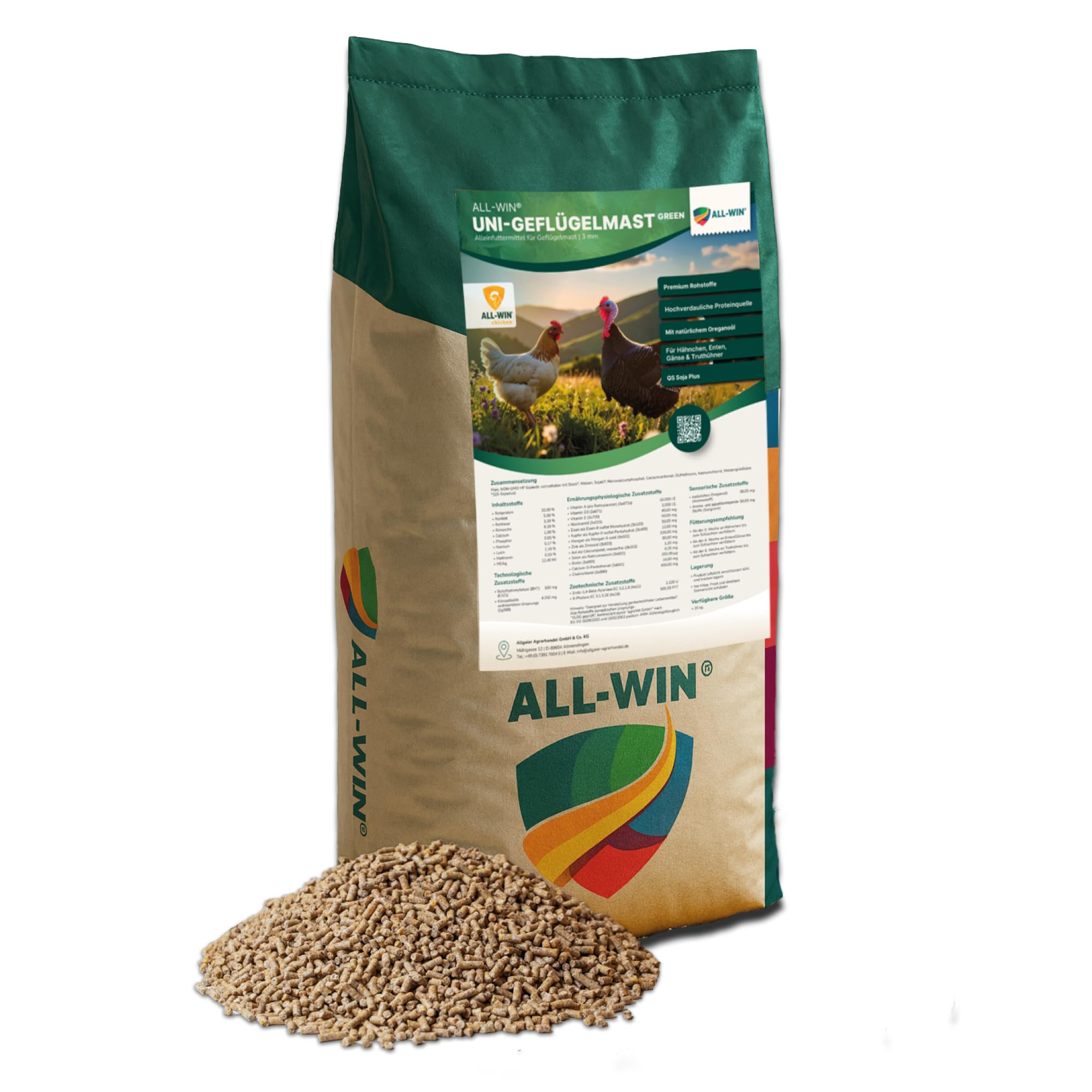 ALL-WIN Uni-Geflügelmast 20 kg – Hühnerfutter für Geflügelmast (Pellets) – Alleinfutter für Hähnchen, Enten, Gänse & Truthühner – mit natürlichem Oreganoöl, Non-GMO Soja, VLOG geprüft