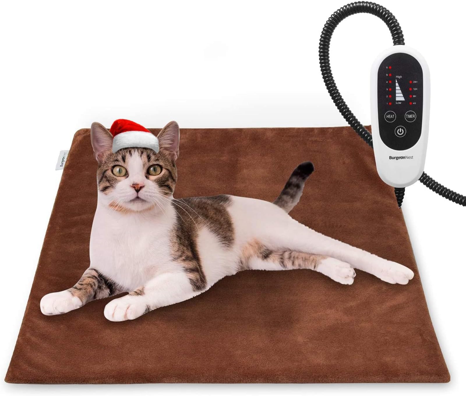 BurgeonNest Pet Heating Pad for Dogs Cats with Timer, 18" x 16" Upgraded Electric Heated Small Dog Cat Pad Temperature Adjustable Pet Bed Warmer Blanket Mat Auto Power-Off, Brown