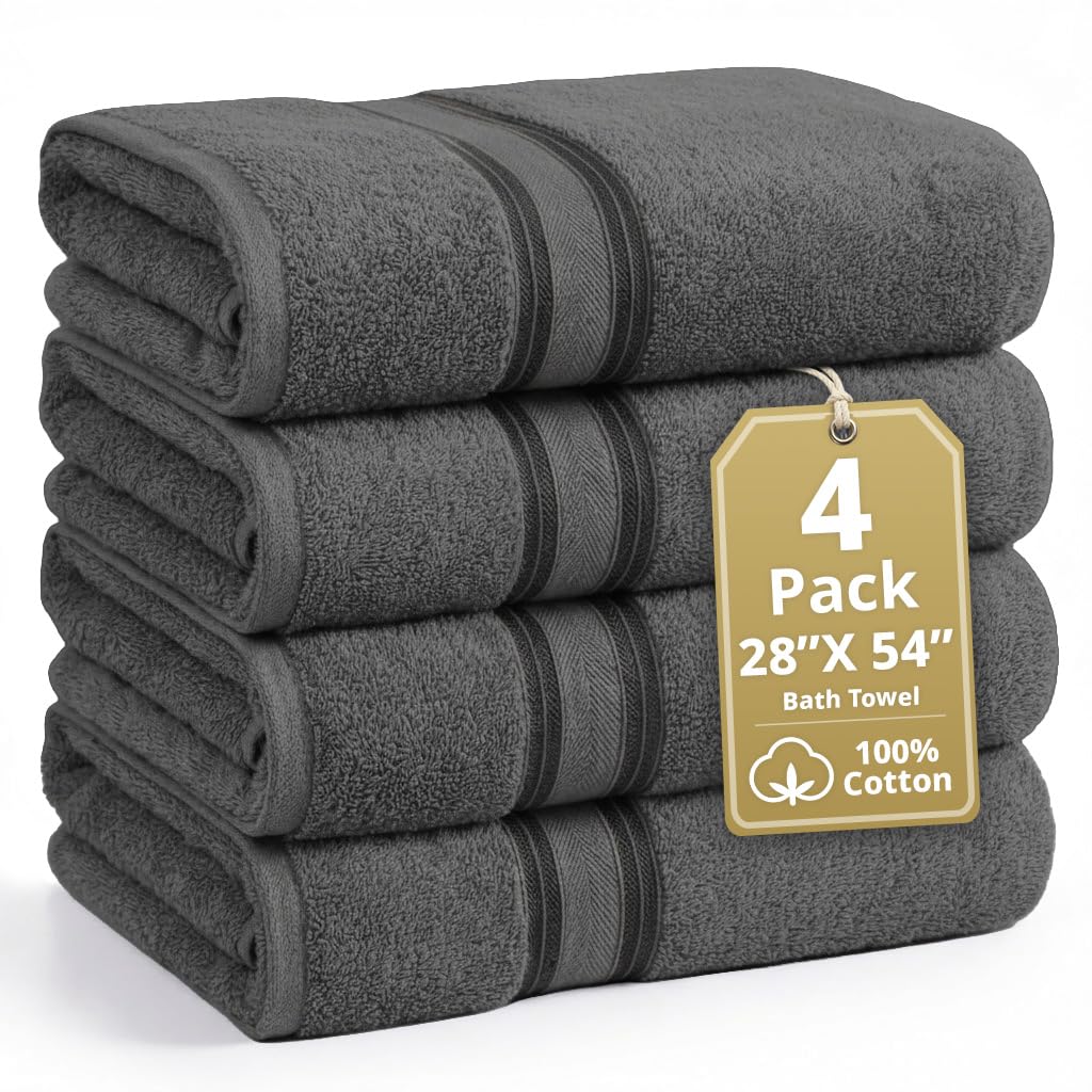 LANE LINEN 100 Cotton Bath Towels Set of 4 28x54 - Zero Twist Mercerized Cotton Extra Large Bathroom