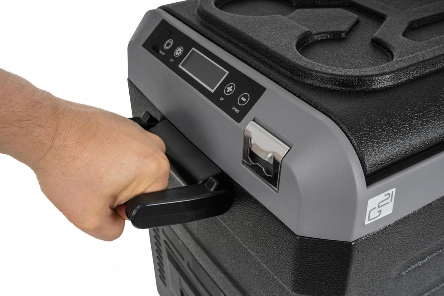 G21 Zion Compressor Fridge 12/24V and 240V 60L Capacity Swing Lid USB and USB-C Outlets Bottle Opener
