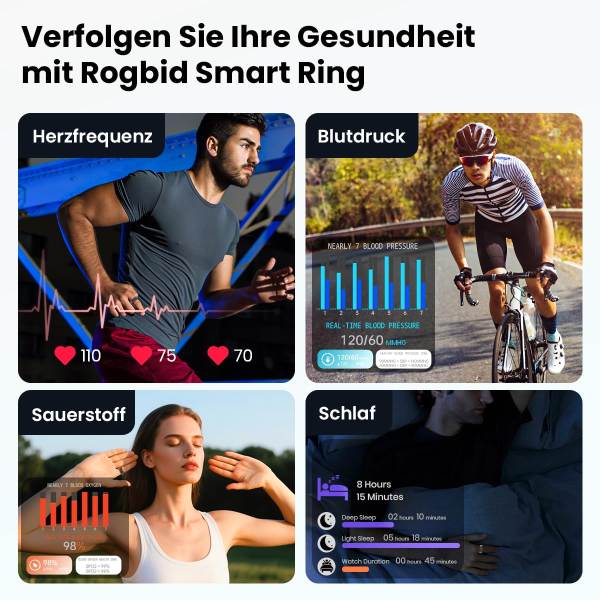 Rogbid Smart Ring dla mężczyzn i kobiet, inteligentne pierścienie, monitor zdrowia z pulsometrem, tlenem we krwi, ciśnieniem krwi, monitorem snu, śledzeniem kroków fitness, wodoszczelność IP69