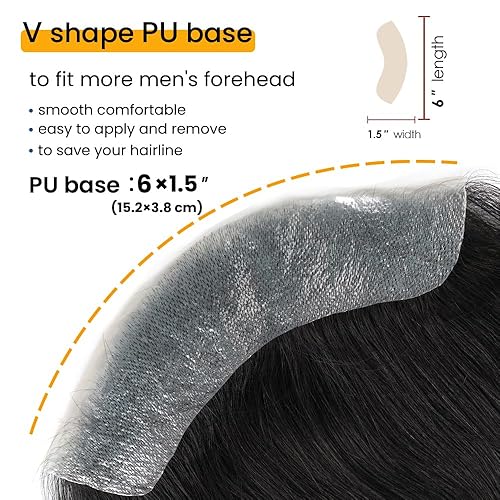 Miniatura 2 de Lordhair Toupee para hombres  Sistema de cabello humano frontal en forma de V, línea de cabello natural, repuesto de 6 x 1.5 pulgadas, negro natural