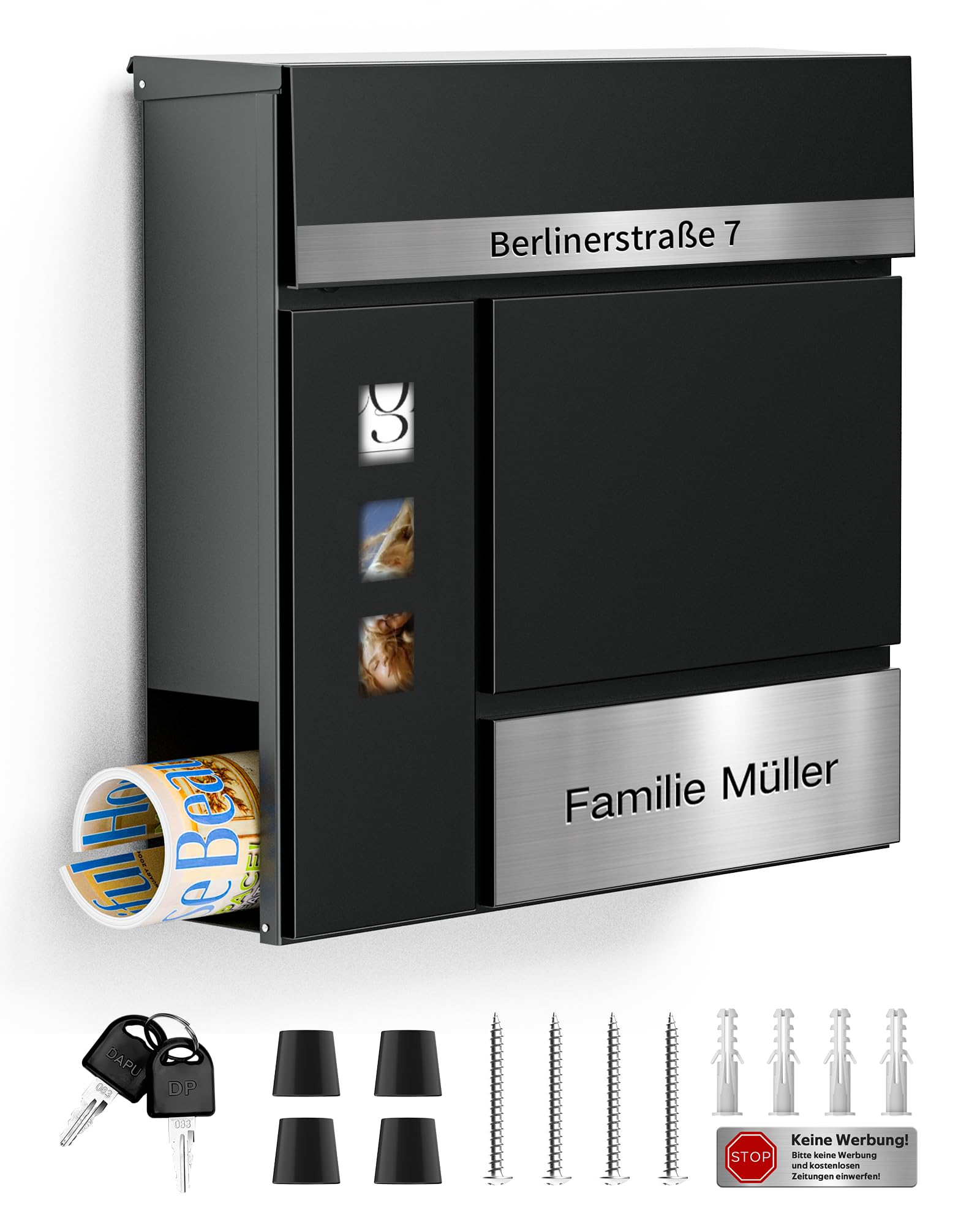 Briefkasten Anthrazit mit Gravur, Personalisiert Individualisierbarer Postkasten 2-in-1 Rostfreier Edelstahl Namensschild & Hausnummer inkl. Zeitungsfach & Schloss (2 Schlüssel)