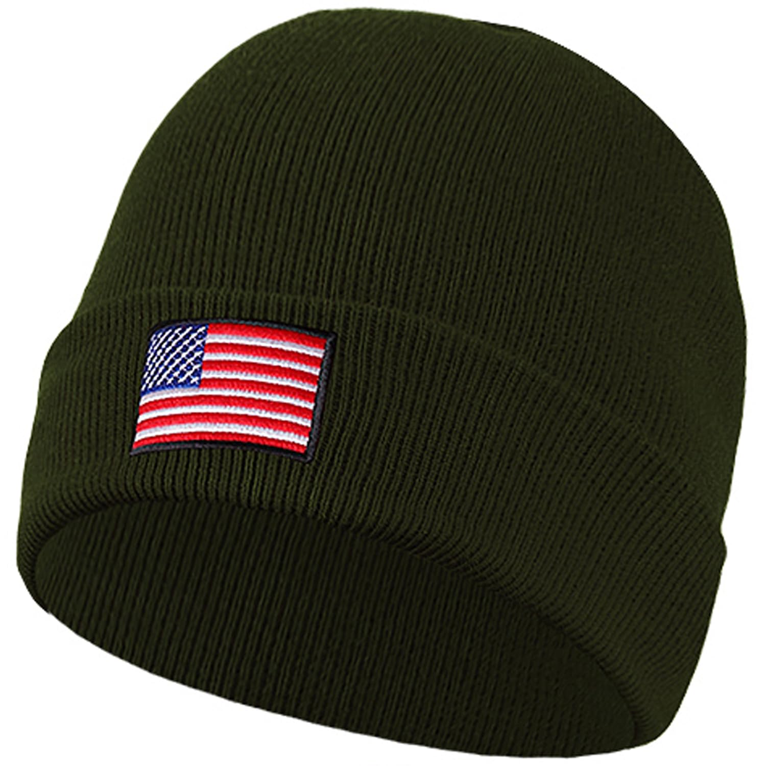 Falari American Flag Embroidered Beanie Hats for Unisex Men Women Winter Cold Weather Knit Cuff Skull USA Cap - Olive