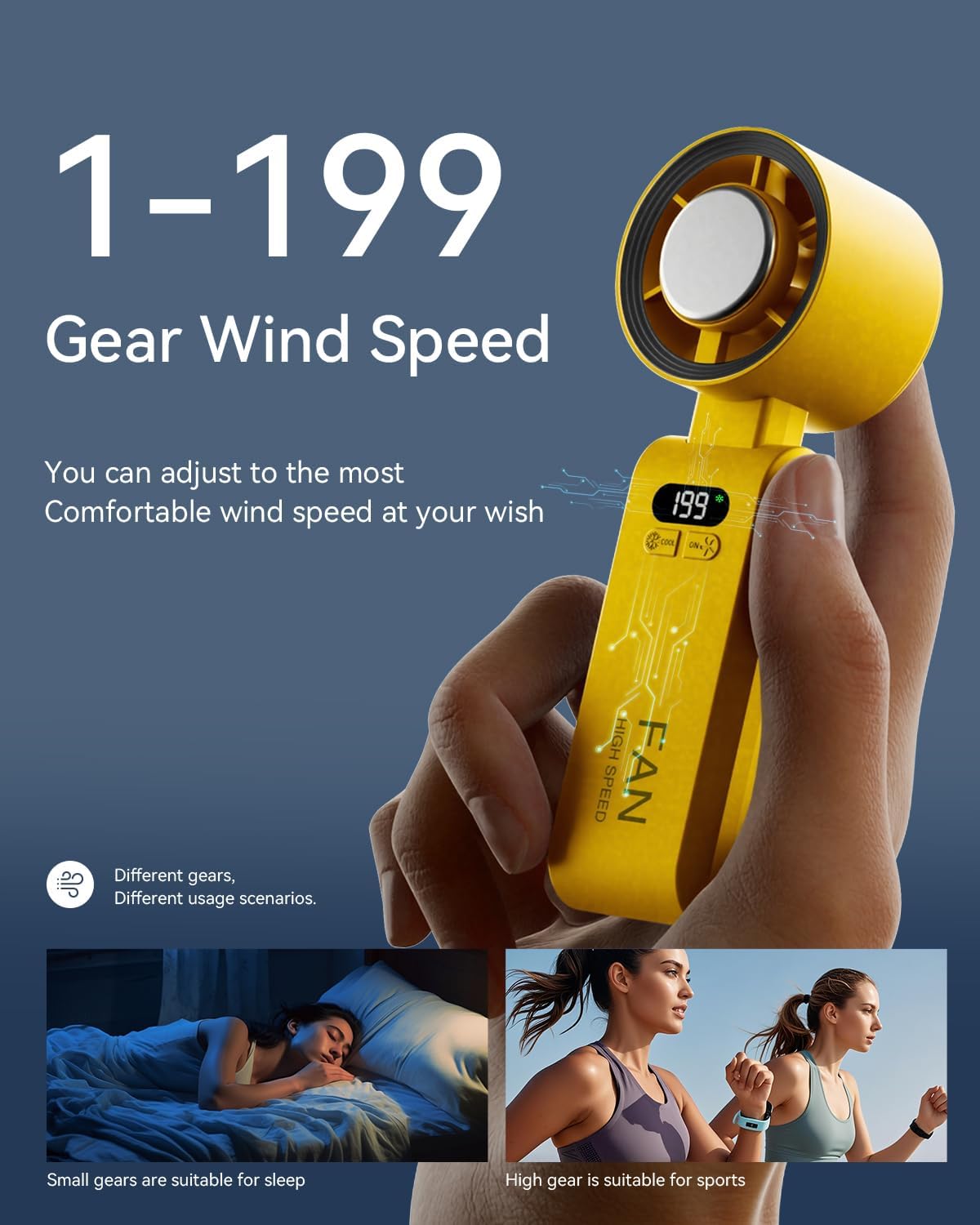 Kimguard Handheld Portable Turbo Fan with Ice Cooler, Speed (1-199) 5500mAh Rechargeable Personal Fan,[20H Cooling Time] [20000 RPM] Small Pocket Fans for Travel/Outdoor/Office, Yellow - Image 3