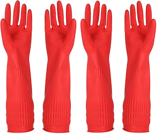Guantes de limpieza de goma para lavar platos de cocina, 2 pares y paño de limpieza, paquete de 2, impermeables, reutilizables. (mediano)