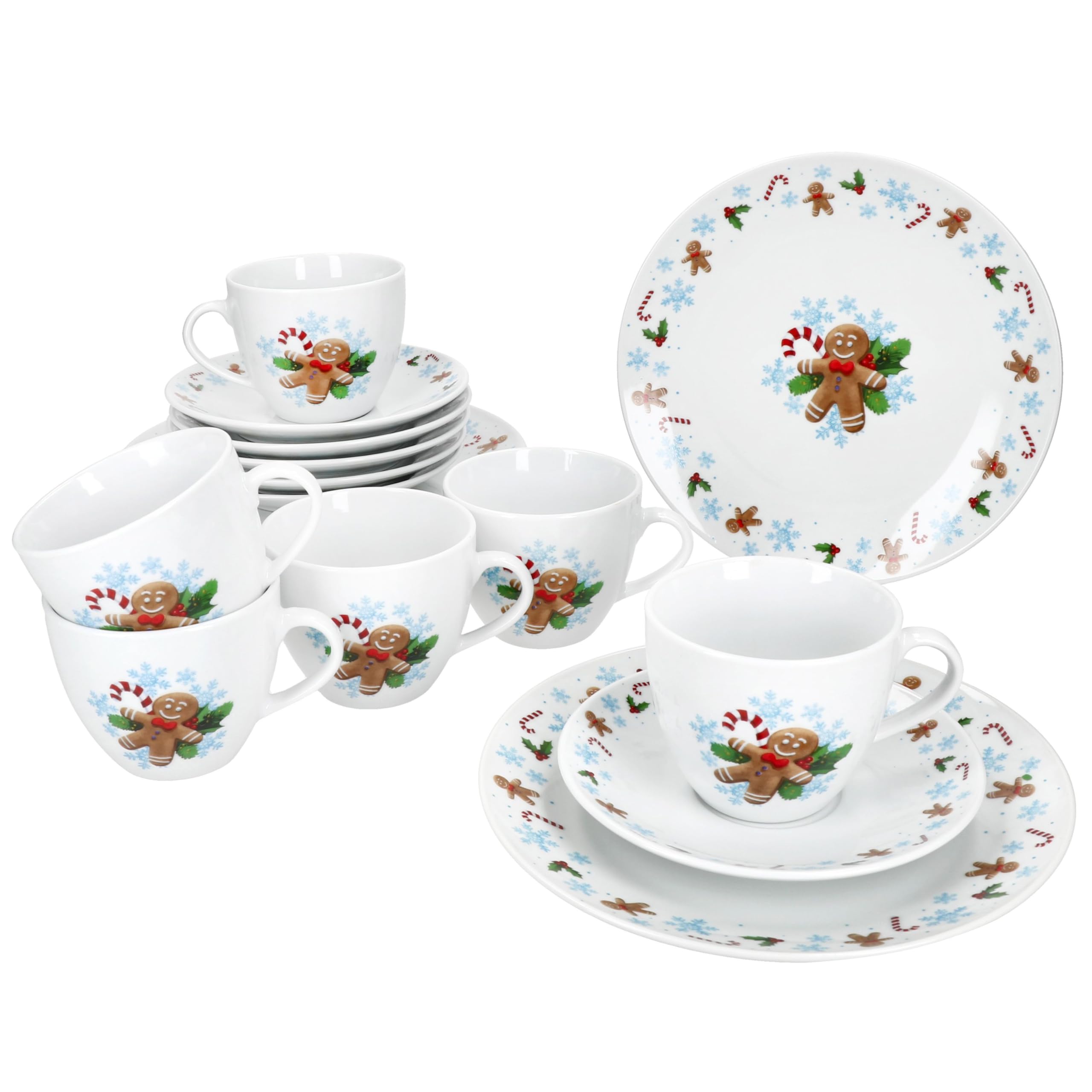 MamboCat Candyman 18tlg Kaffeeservice I Porzellan-Kaffeeset für 6 Personen mit eisblauem Weihnachtsdekor I Je 6X Kaffeetassen 160ml, Untertassen & Kuchenteller