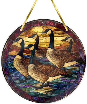 1PC Canada Geese & Sunset Round Stained Glass Styles Acrylic Hanging Ornaments, 88inch Decorative Signs, Acrylic Suncatchers for Wildlife Lovers, Home Decor, Gifts, Garden, Windowsill