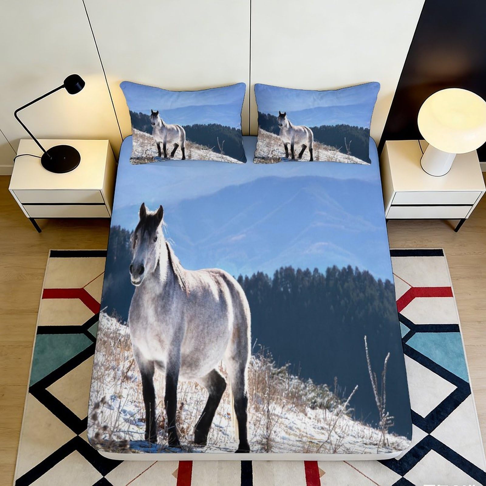 Pnayamiorkfel Style-4 3D Printed Grey Horse Mountain Fitted Sheet Microfiber Anti-Slip Bed Cover For Bedroom Guest Room Easy Care 90X200x25cm