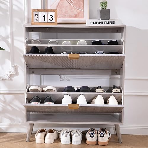 Miniatura 8 de Gabinete de zapatos con 2 cajones abatibles, armario de almacenamiento oculto de 31.5 pulgadas con panel estriado, organizador de zapatos