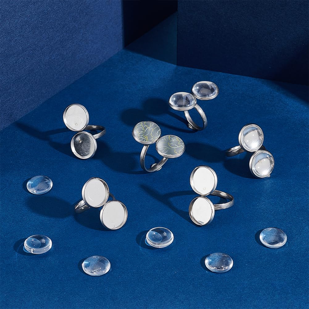 UNICRAFTALE 16pcs Finger Ring Blank Base 17mm Adjustable Open Cuff Ring Findings Transparent Glass Cabochons Base 304 Stainless Steel Flat Round Pad Ring Base Bezel Tray 12mm for Jewelry Making - Image 2