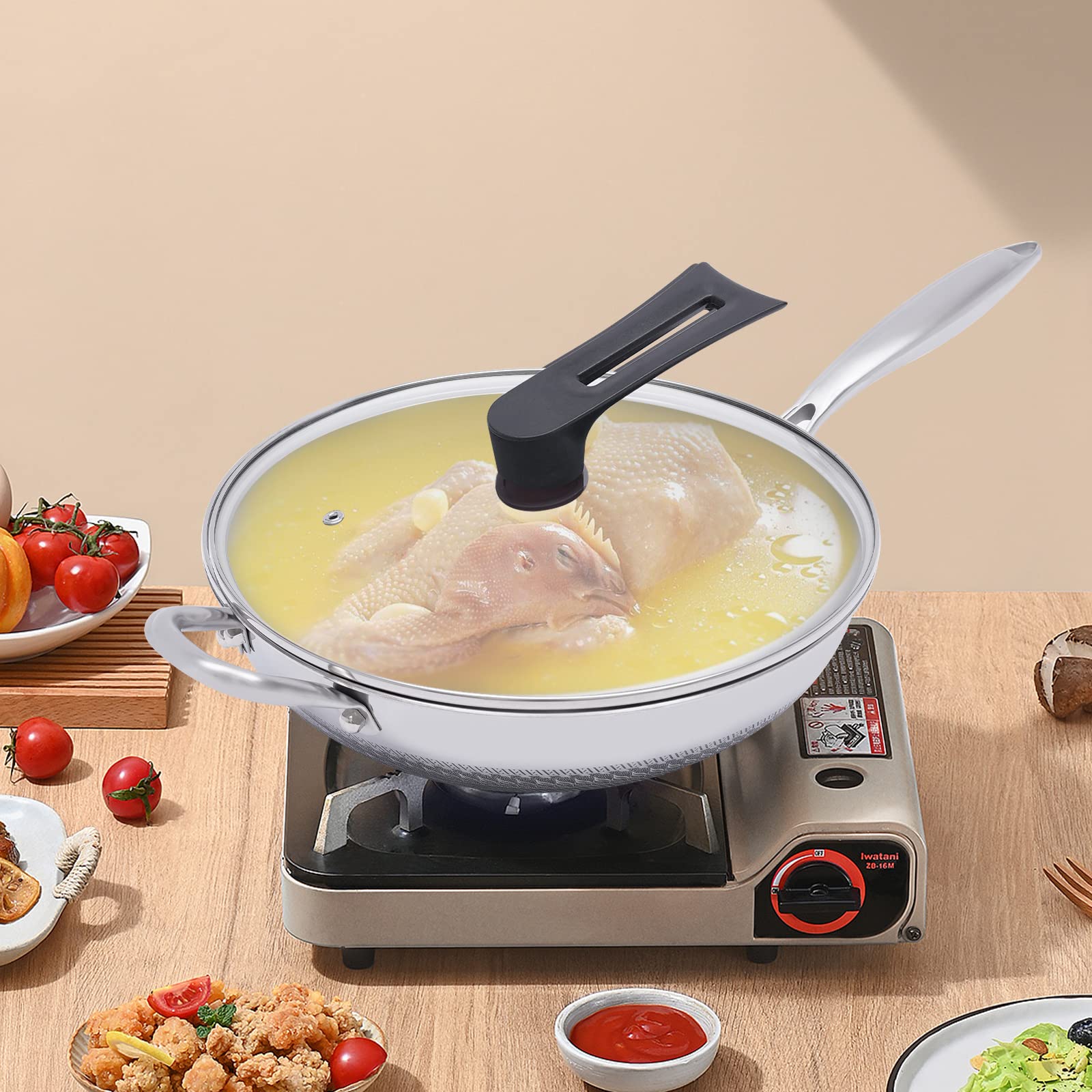 Wok padella con coperchio, wok in acciaio inox da 12 pollici, padella wok con rivestimento a nido d'ape, antiaderente wok con coperchio, set wok a induzione