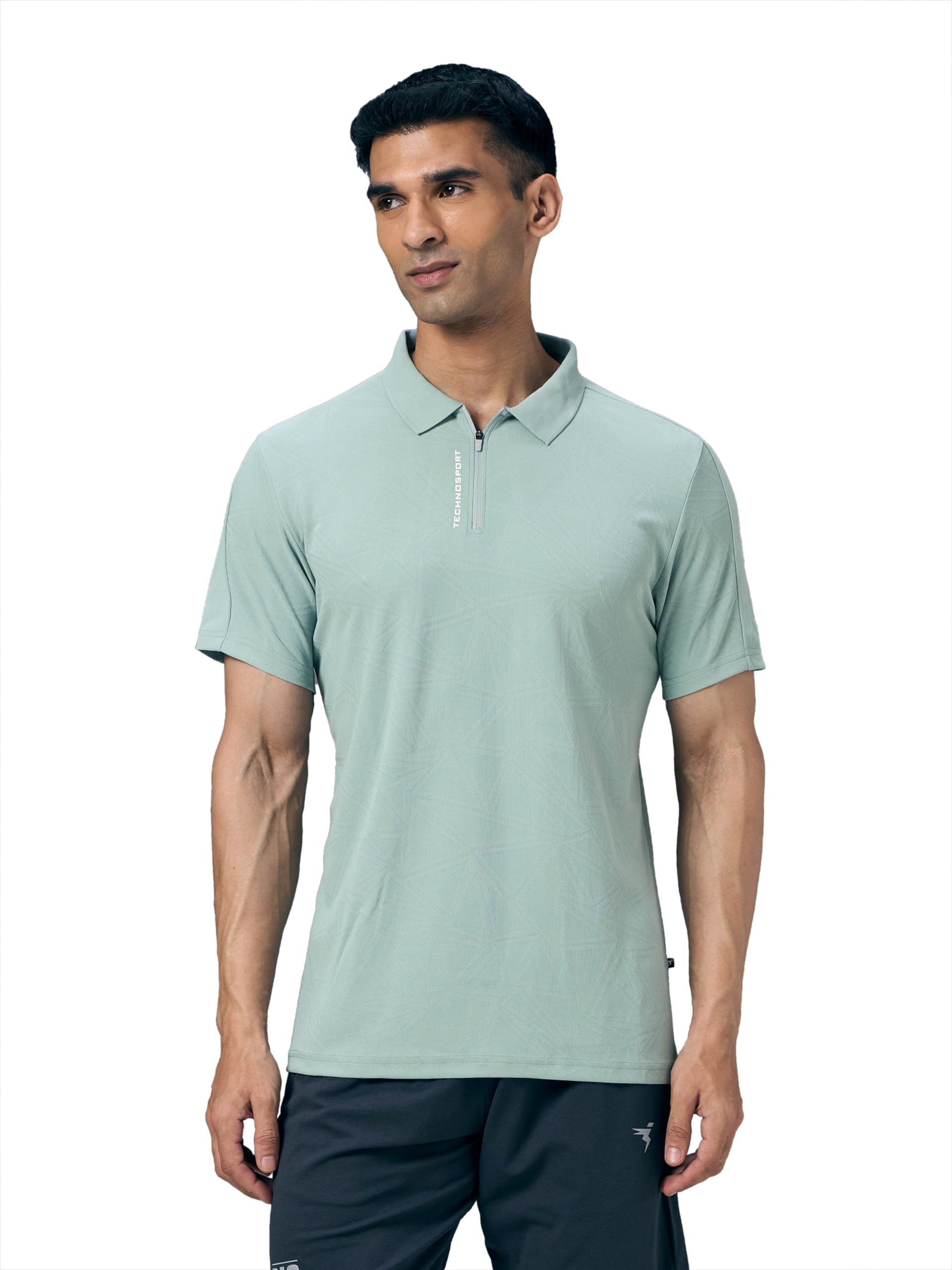 TECHNOSPORT Men's Slim Fit Textured Half Sleeve Zipper Polo T-Shirt with Quick Dry, UPF50+ for Sports & Regular Use