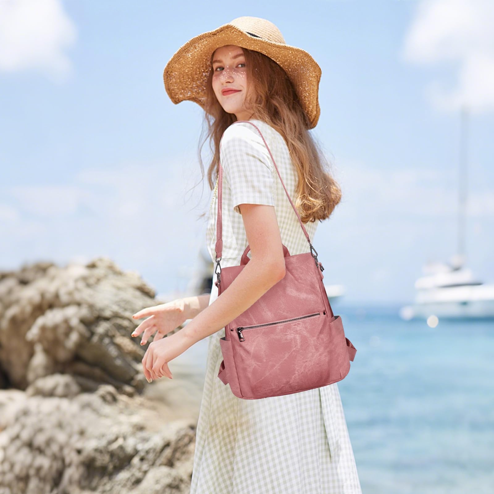 Leathario Zaino Da Donna Antifurto e a Prova di Spruzzi, Zainetto Multifunzionale in Pelle Vegana, Borsa Casual ed Moda per Viaggio, Scuola, Lavoro, Shopping, Visite e Università Rosa