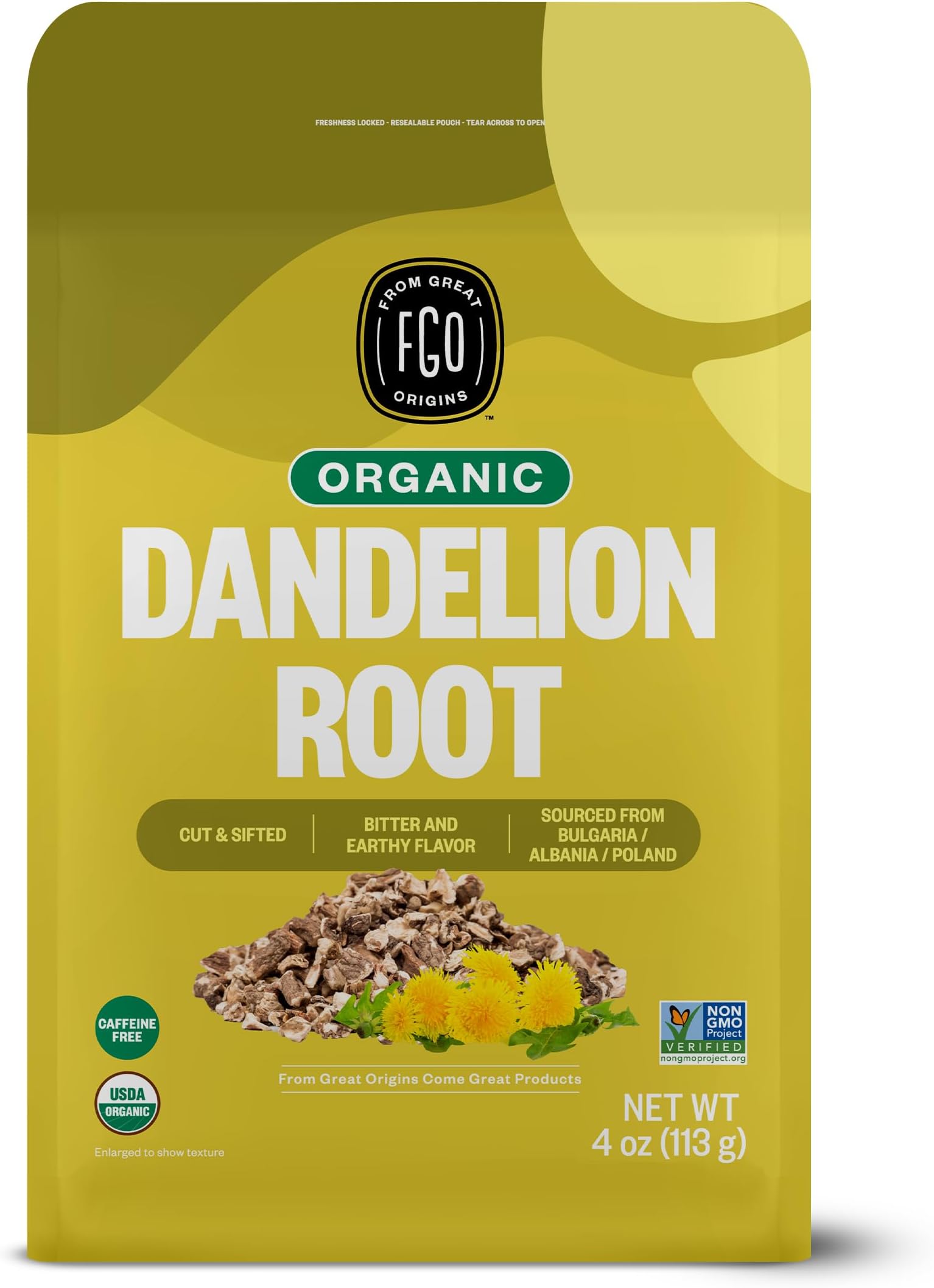 FGO Organic Dandelion Root, Cut and Sifted Loose Tea, 4 Ounce Resealable Bag, Packaging May Vary (Pack of 1)