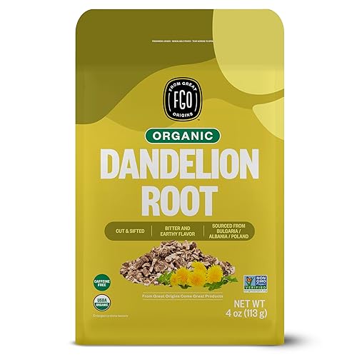 FGO Organic Dandelion Root, Cut and Sifted Loose Tea, 4 Ounce Resealable Bag, Packaging May Vary (Pack of 1)