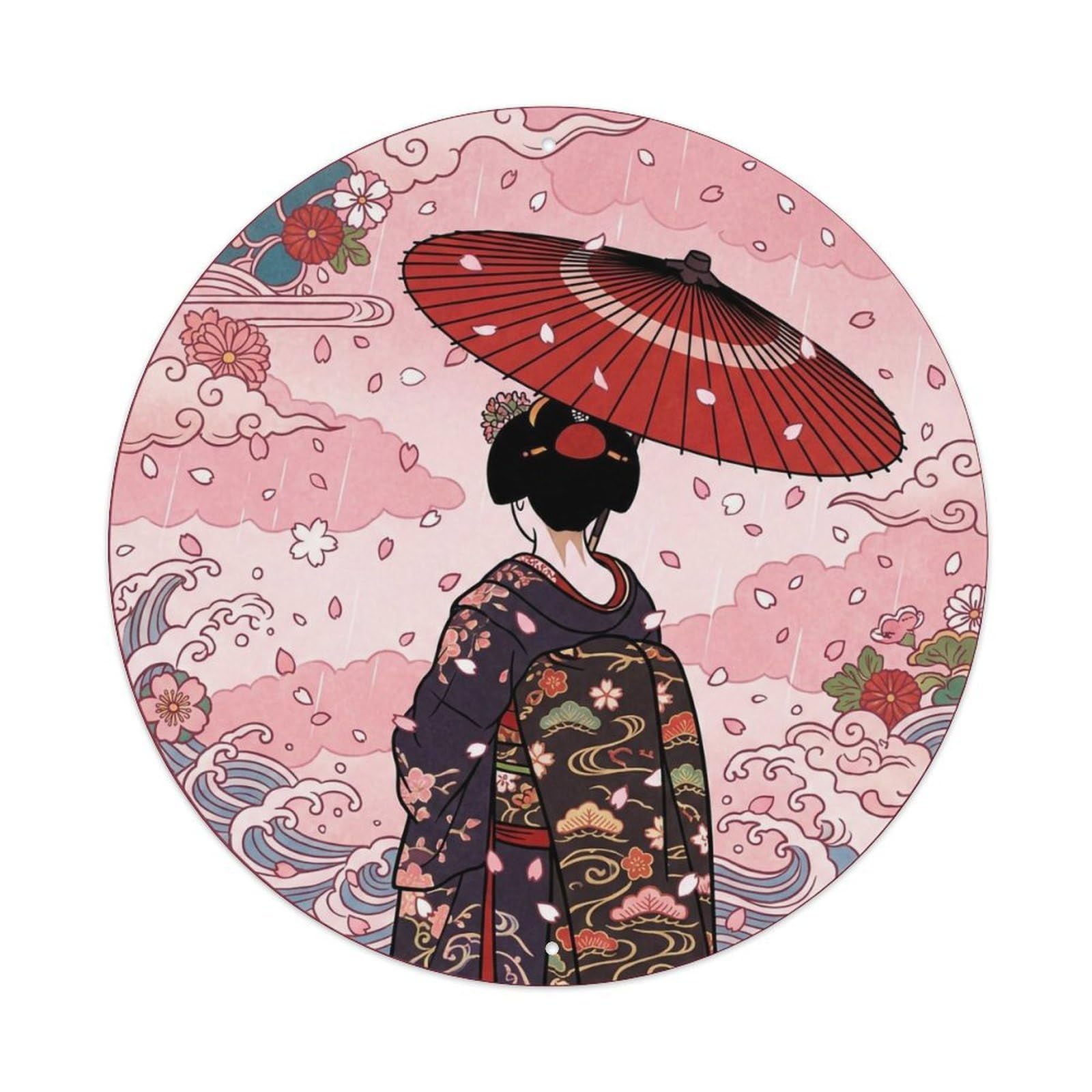 Japanese Geisha Red Umbrella Cherry Petals Tranquil Metal Tin Sign