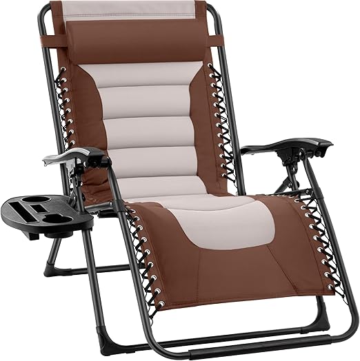 Best Choice Products Oversized Padded Zero Gravity Chair, Folding Outdoor Patio Recliner, XL Anti Gravity Lounger for Backyard w/Headrest, Cup Holder, Side Tray, Polyester Mesh - Brown/Oyster