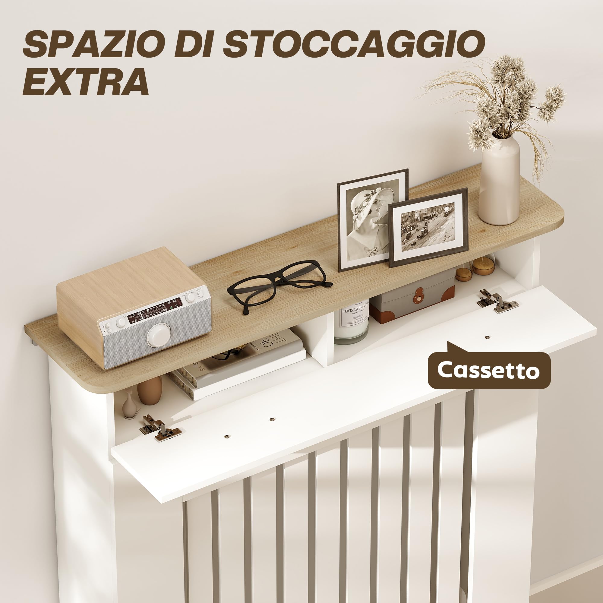 HOMCOM Copri Termosifone Moderno a Doghe Antiribaltamento con Cassetto Portaoggetti, Copritermosifone in Legno per Soggiorno, Corridoio e Ufficio, 78x19x97 cm, Bianco