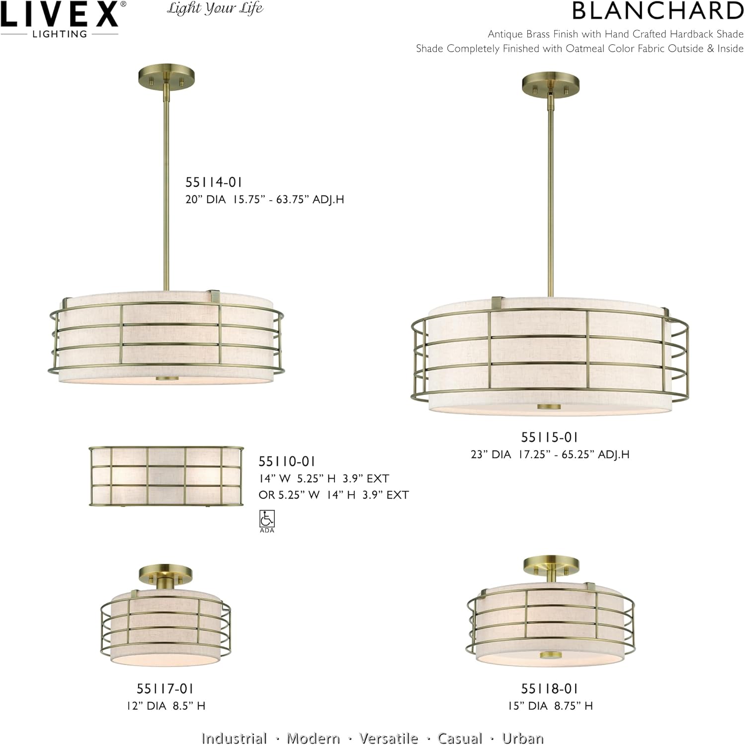 Livex Lighting, 55114-01, Blanchard Collection, 4 Light Antique Brass Pendant Chandelier