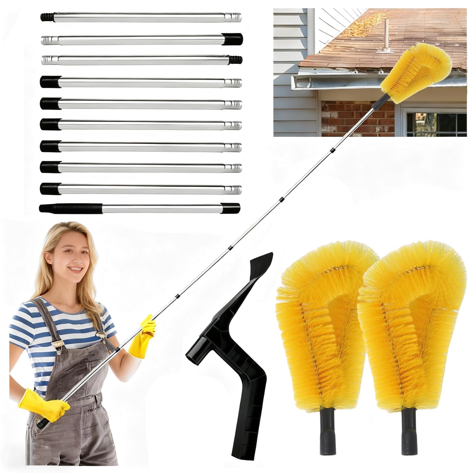 Limpiador de canalones de 390 cm, cepillo para canalones y cuchara de limpieza, pala 2 en 1 y 10 unidades, mango telescópico, limpiador de canalones telescópico con mango telescópico para la limpieza