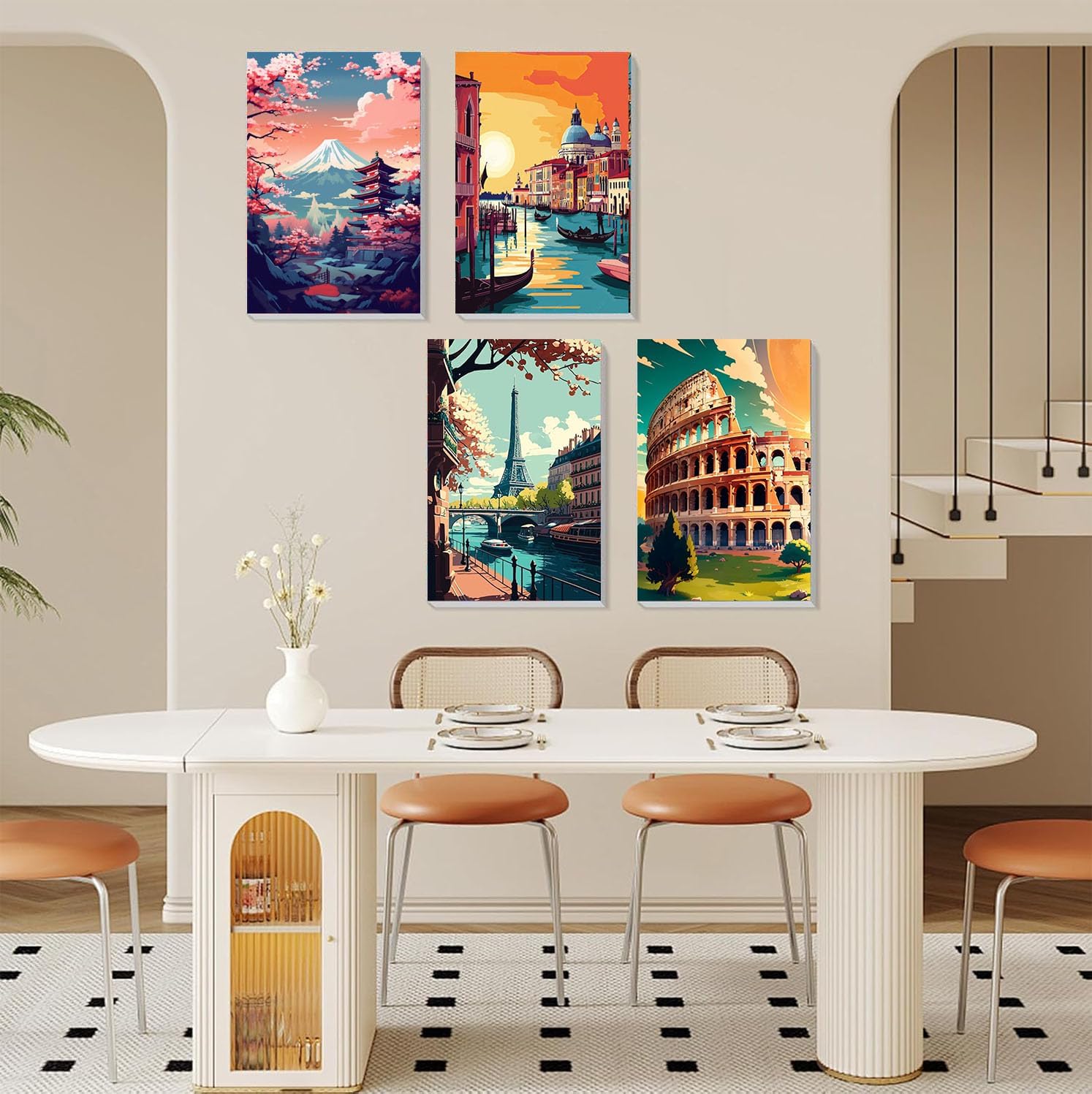 4 Pack Framed Paint by Numbers Kit for Adults Beginners-City Travel Adult Paint by Number Kits on Canvas Framed, Landscape DIY Acrylic Oil Painting by Numbers for Adults for Gift Home Decor(8x12inch)