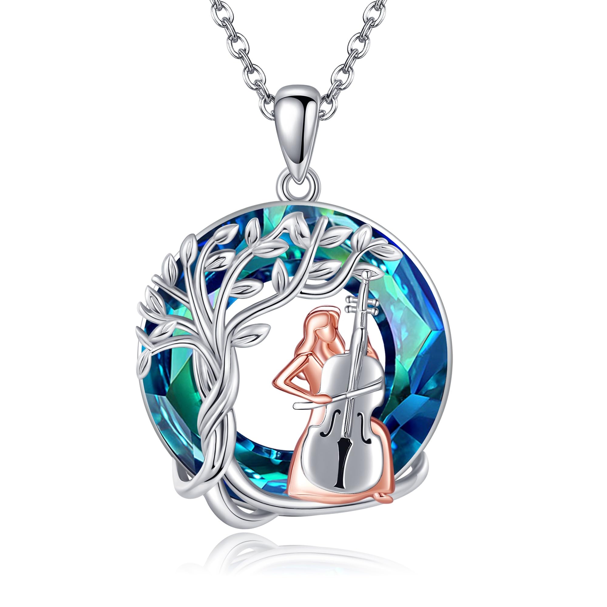 DAYLINLOVE Collar de violonchelo de plata de ley 925 con diseño de árboles de la vida, joyería de cristal de violonchelo, regalos de graduación para mujeres amantes del violonchelo, Plata esterlina