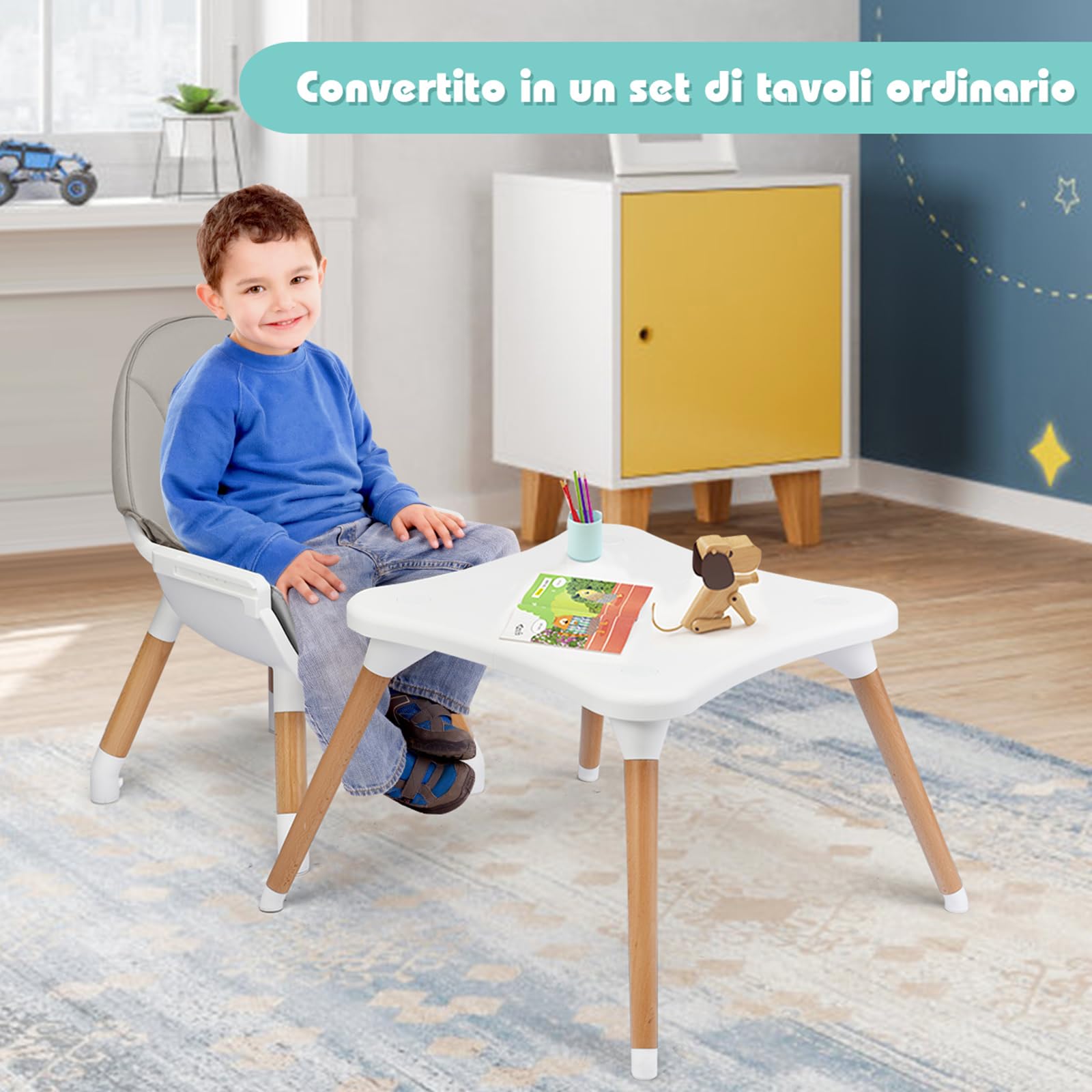 COSTWAY 4 in 1 Seggiolone Pappa, Seggiolone Evolutivo per Neonati Convertibile, con Cintura di Sicurezza, Vassoio Rimovibile, per Bambini 6-36 Mesi (Grigio)