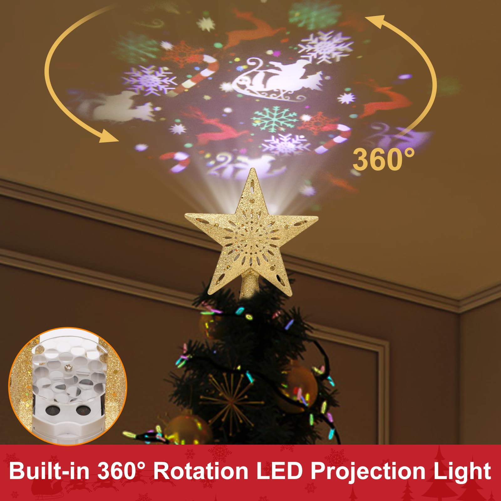 Étoile Lumineuse Pour Sapin De Noël - Forme En Métal Et Perles Dorées, 20x25 Cm - Fonctionne Avec 2 Piles AA