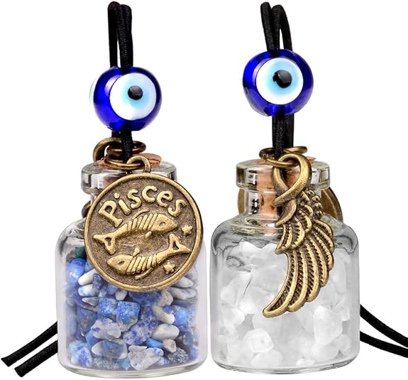 Zodiac Birthstone Car Charms for Rearview Mirror Hanging - Two Gemstone Good Luck Bottles with Evil Eye Protection Bead and Guardian Angel Wing
