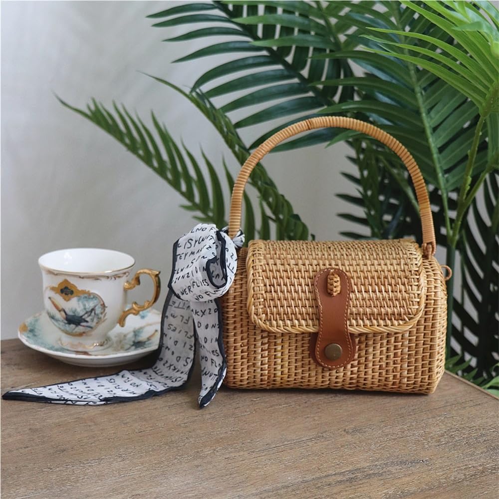 Cesti HHF, Confezione da 1, Nuovi, Manuale, in Rattan Intrecciato, in Paglia Intrecciata, a Tracolla Singola, Portatile, Piccola Borsa Giapponese, Borsa da Spiaggia, Cont,19x11x12cm