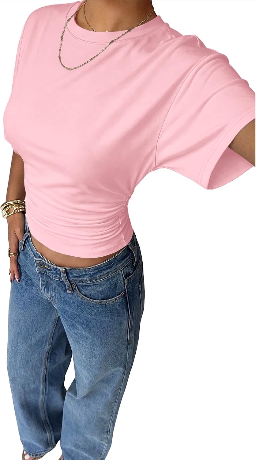 Sampeel Crop Summer Tops 2026 Trendy Batwing Short Sleeve Ruched Waist Slim Fitted Basic Tees Going Out T Shirts Fashion image 4