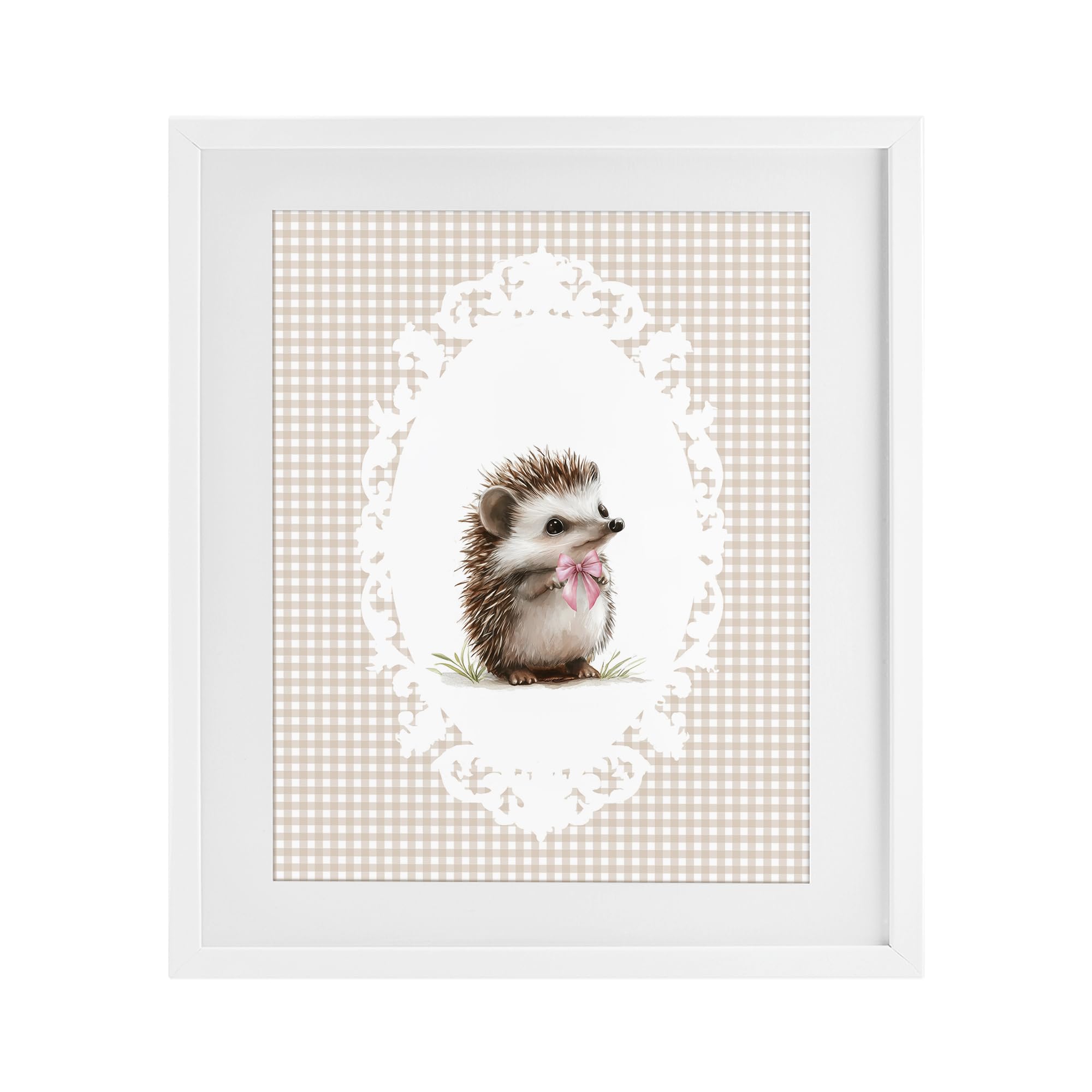 Stupell Industries Coastal White (Textured) 'Vintage Bow Hedgehog On Gingham'| Framed Print Under Glass