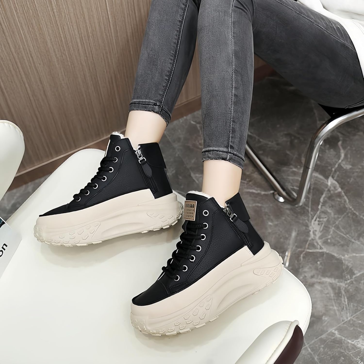 Women's High-Top Height Increasing Winter Sneakers Platform Winter Boots with Plush Lining Leather Upper Casual Hiking Shoes Waterproof with Zipper Shoelace for Cold Weather