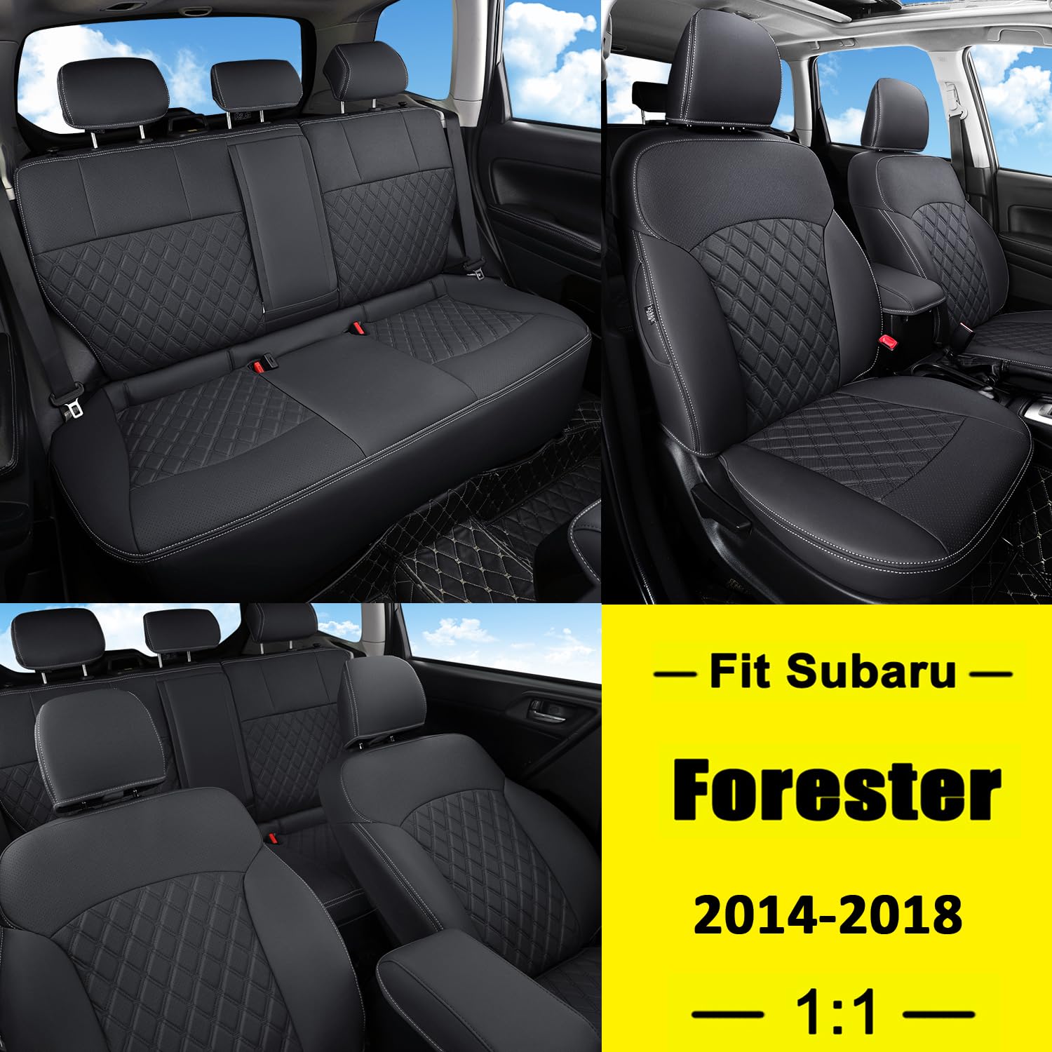 GIANT PANDA Customized Full Set Car Seat Covers Fit for Subaru Forester Premium Touring Limited 2014 2015 2016 2017 2018 -Faux Leather (Black)